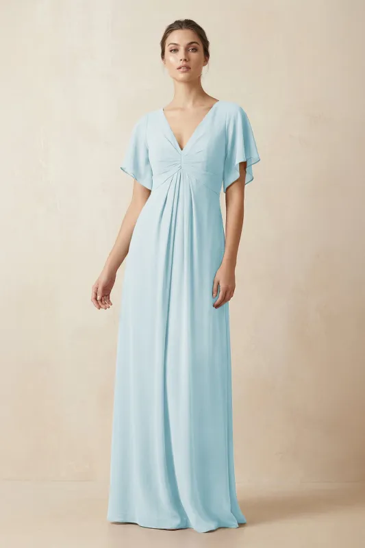 Short Sleeve V-Neck Chiffon A-Line Bridesmaid Dress in Sky Blue made by KissProm
