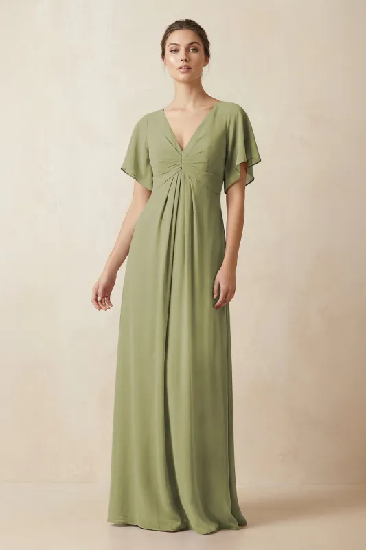 Short Sleeve V-Neck Chiffon A-Line Bridesmaid Dress in Moss Green made by KissProm