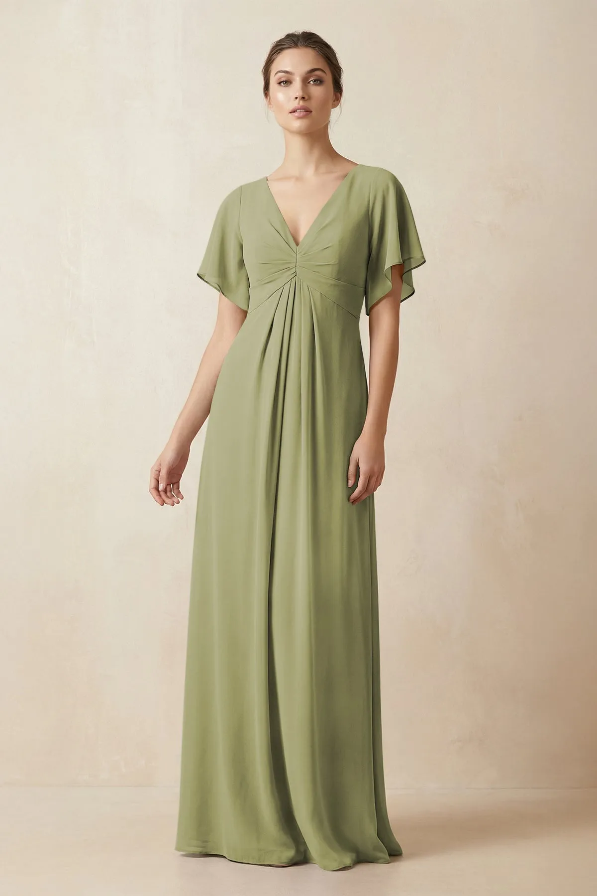 Short Sleeve V-Neck Chiffon A-Line Bridesmaid Dress in Moss Green sold by KissProm