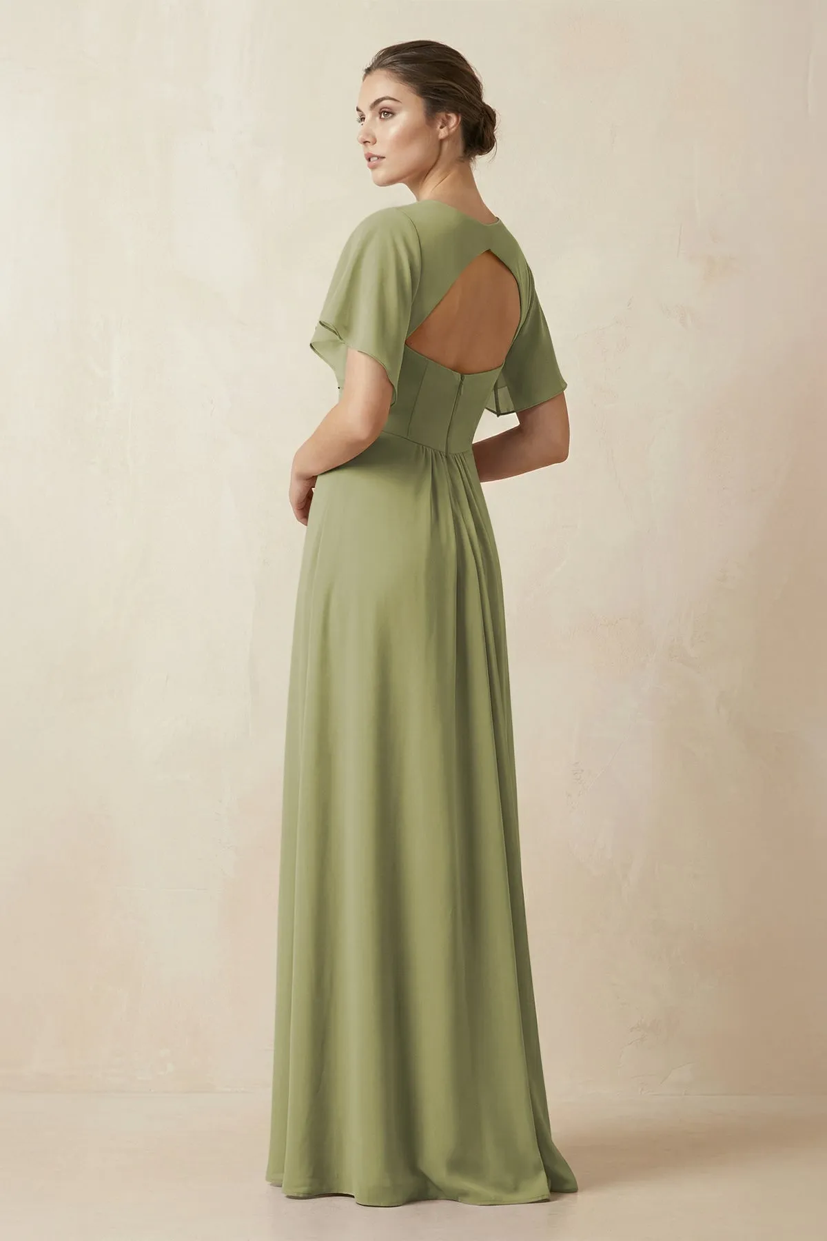 Short Sleeve V-Neck Chiffon A-Line Bridesmaid Dress in Moss Green sold by KissProm product image thumbnail 2
