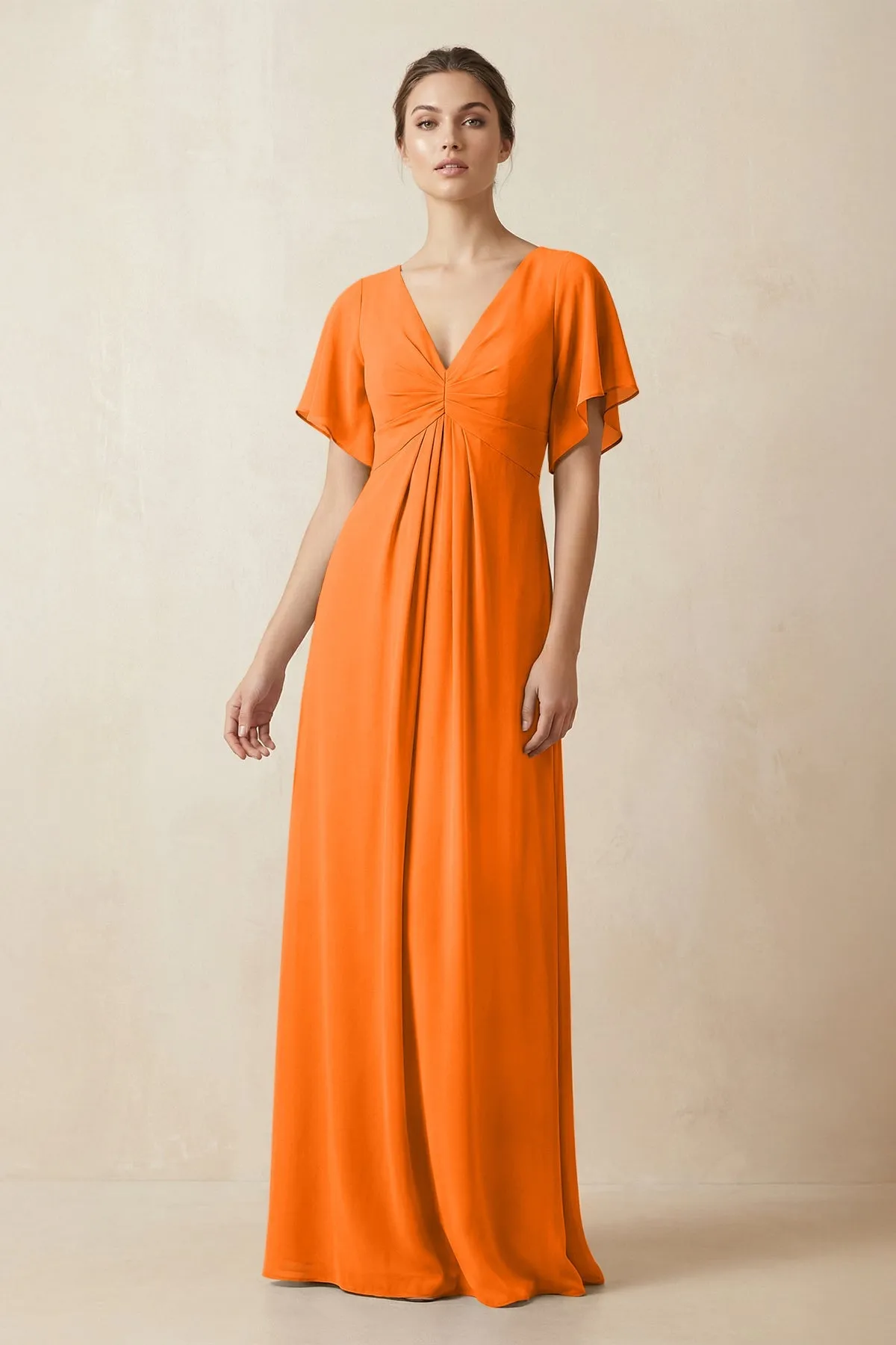 Short Sleeve V-Neck Chiffon A-Line Bridesmaid Dress in Cinnamon sold by KissProm