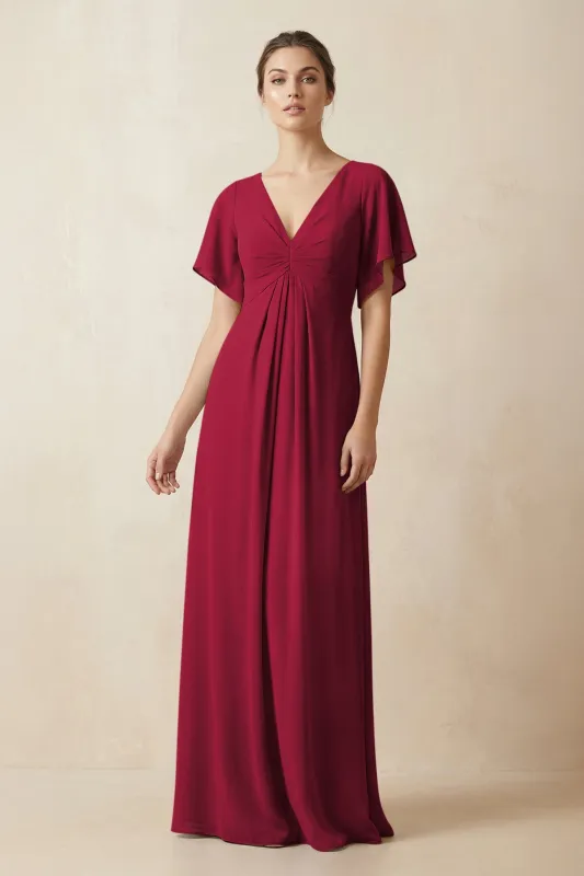 Short Sleeve V-Neck Chiffon A-Line Bridesmaid Dress in Berry made by KissProm