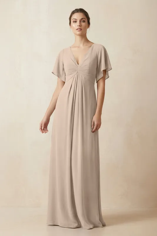 Short Sleeve V-Neck Chiffon A-Line Bridesmaid Dress in Almond made by KissProm