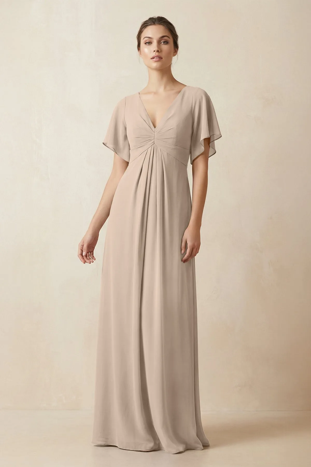 Short Sleeve V-Neck Chiffon A-Line Bridesmaid Dress in Almond sold by KissProm