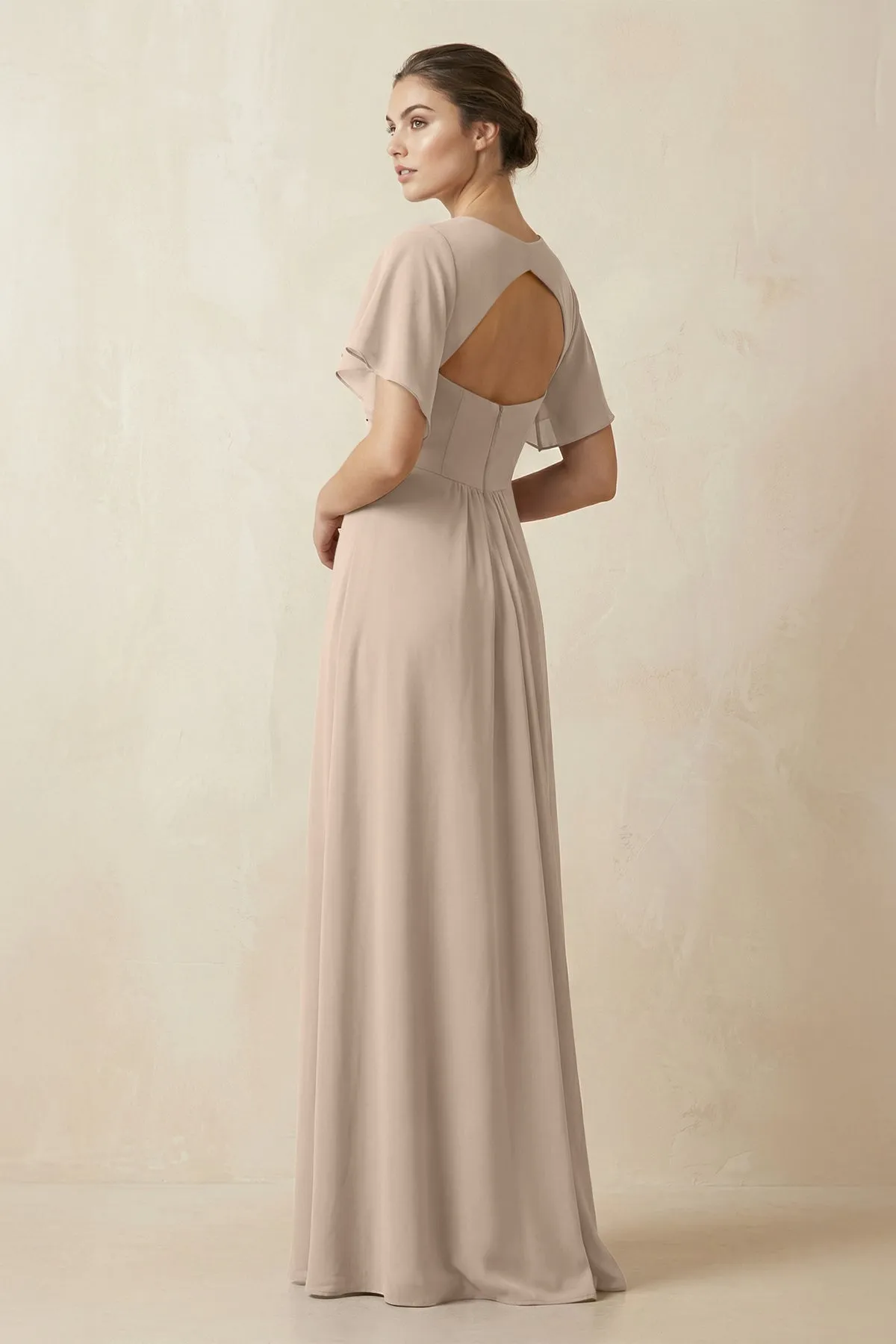 Short Sleeve V-Neck Chiffon A-Line Bridesmaid Dress in Almond sold by KissProm product image thumbnail 2