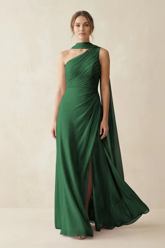 One-Shoulder Sheath Chiffon Bridesmaid Dress with Ribbon in Dark Green made by KissProm
