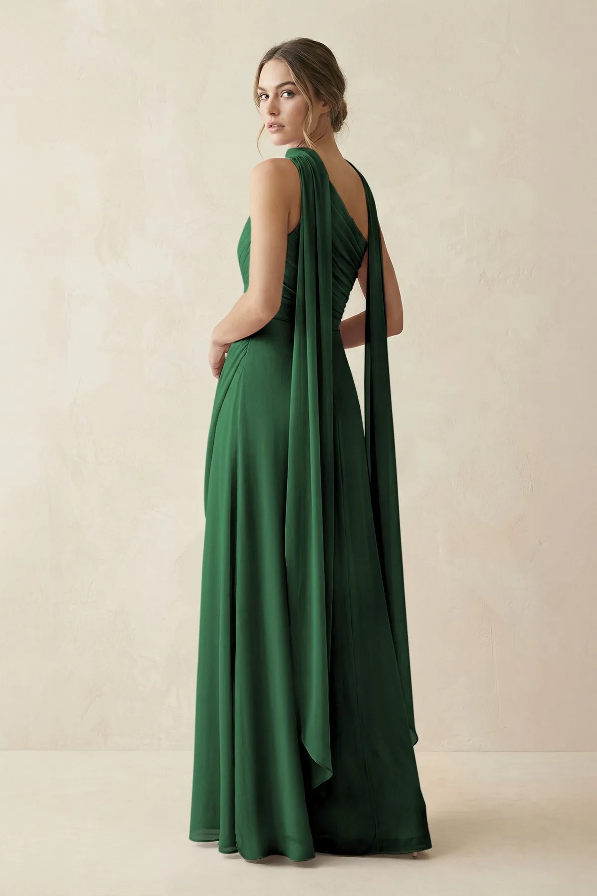 One-Shoulder Sheath Chiffon Bridesmaid Dress with Ribbon in Dark Green sold by KissProm product image thumbnail 2