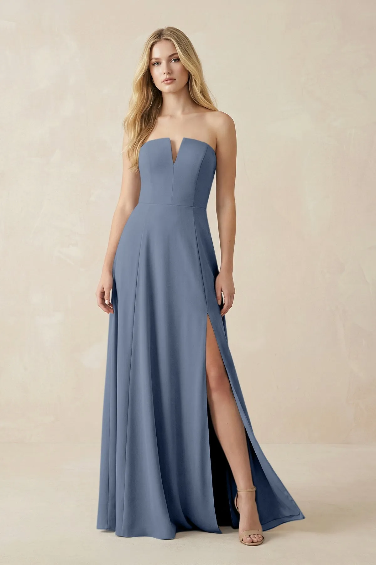 Strapless A-Line Chiffon Bridesmaid Dress With Slit in Neptune sold by KissProm