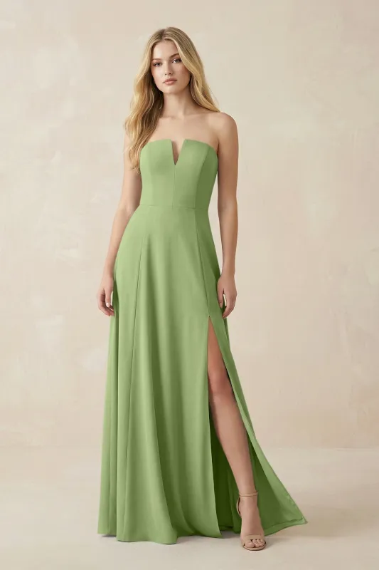 Strapless A-Line Chiffon Bridesmaid Dress With Slit in Matcha made by KissProm
