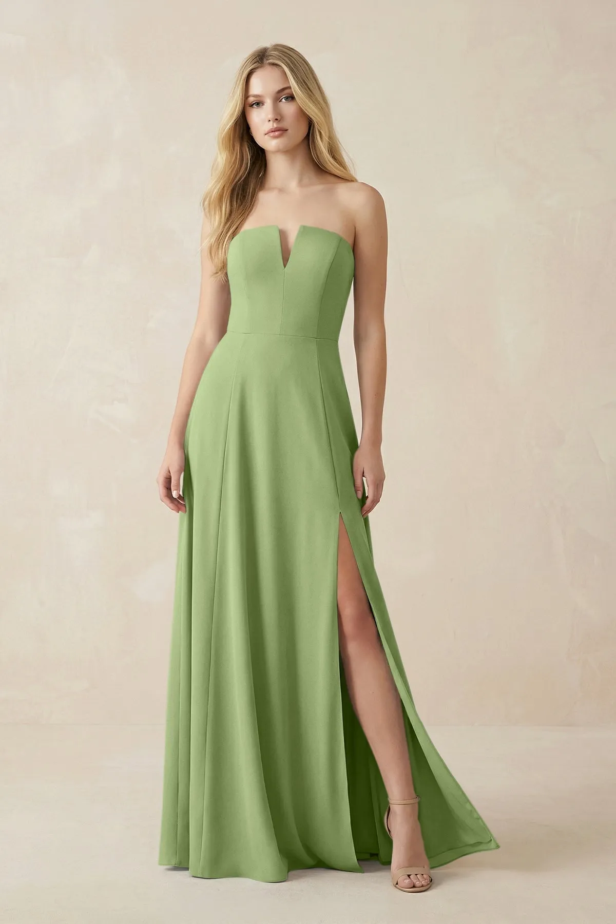 Strapless A-Line Chiffon Bridesmaid Dress With Slit in Matcha sold by KissProm