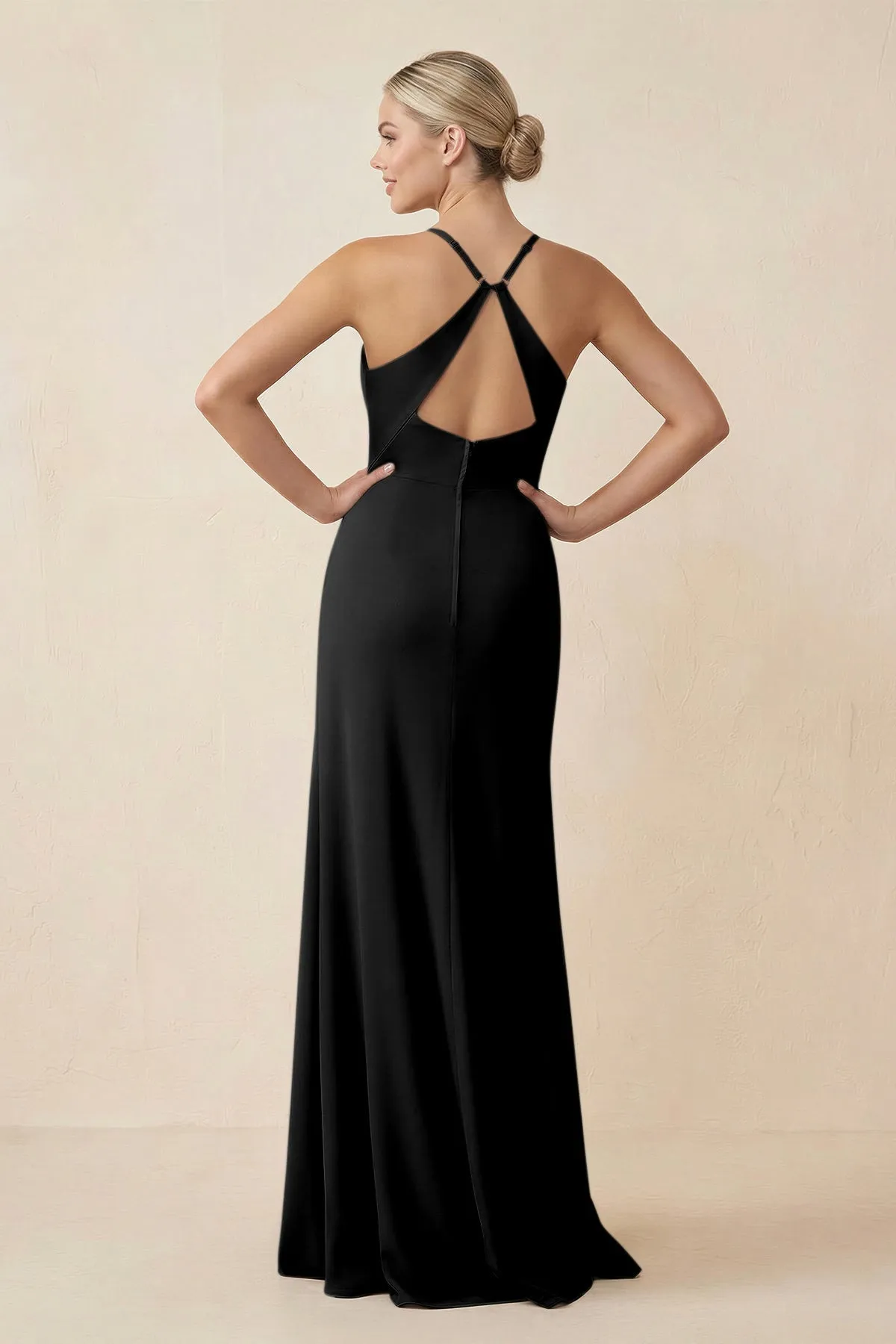 Cami Strap Sheath Ruched Bridesmaid Dress With Slit in Black sold by KissProm product image thumbnail 2