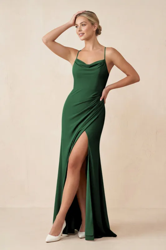 Cami Strap Sheath Ruched Bridesmaid Dress With Slit in Dark Green made by KissProm