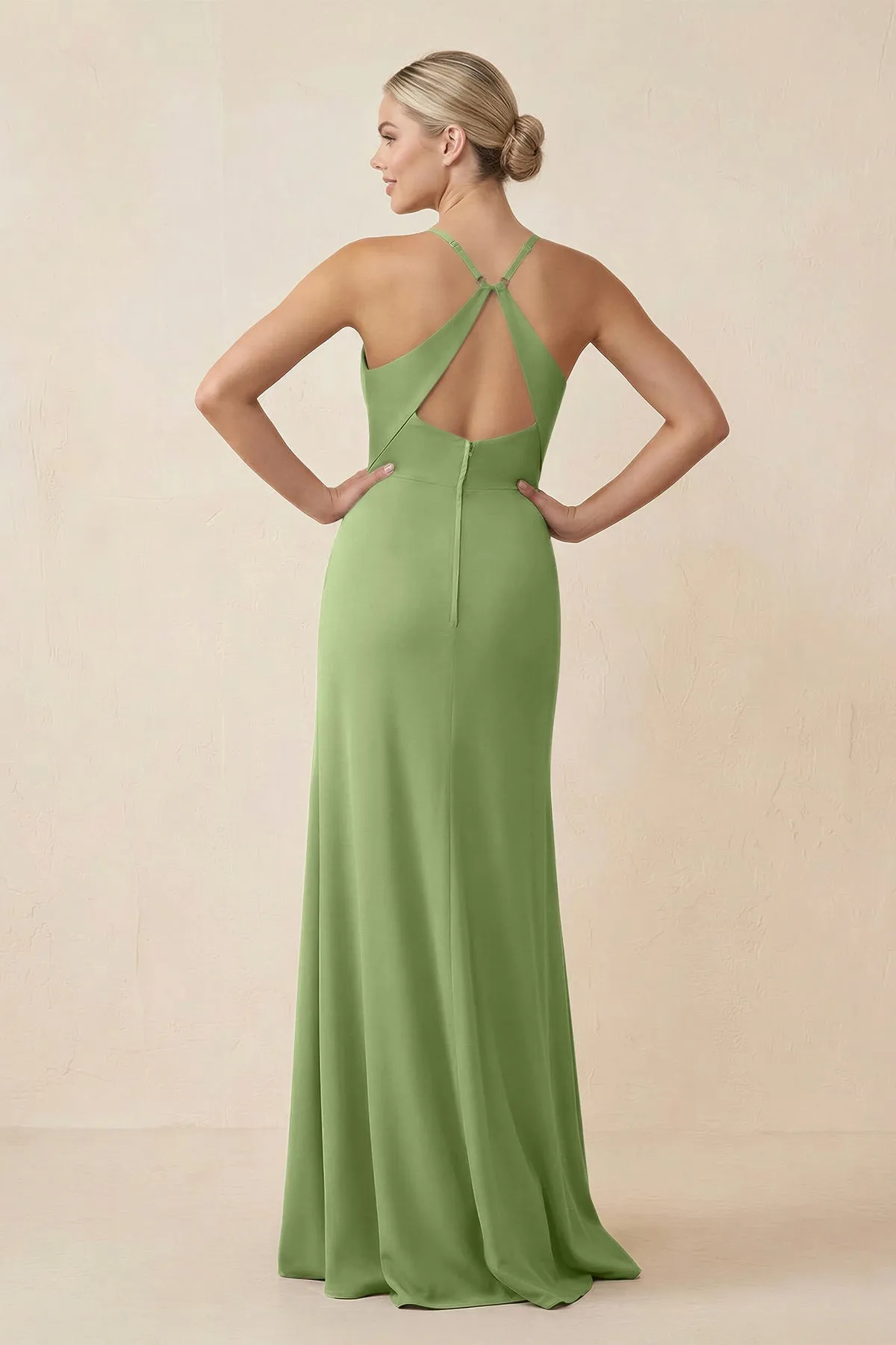 Cami Strap Sheath Ruched Bridesmaid Dress With Slit in Matcha sold by KissProm product image thumbnail 2