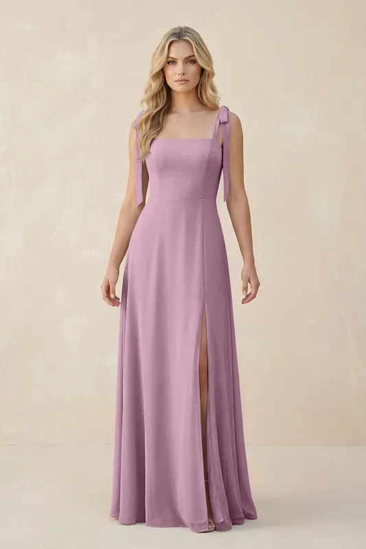 Square Neck Chiffon A-Line Bridesmaid Dress With Bow in Wisteria made by KissProm