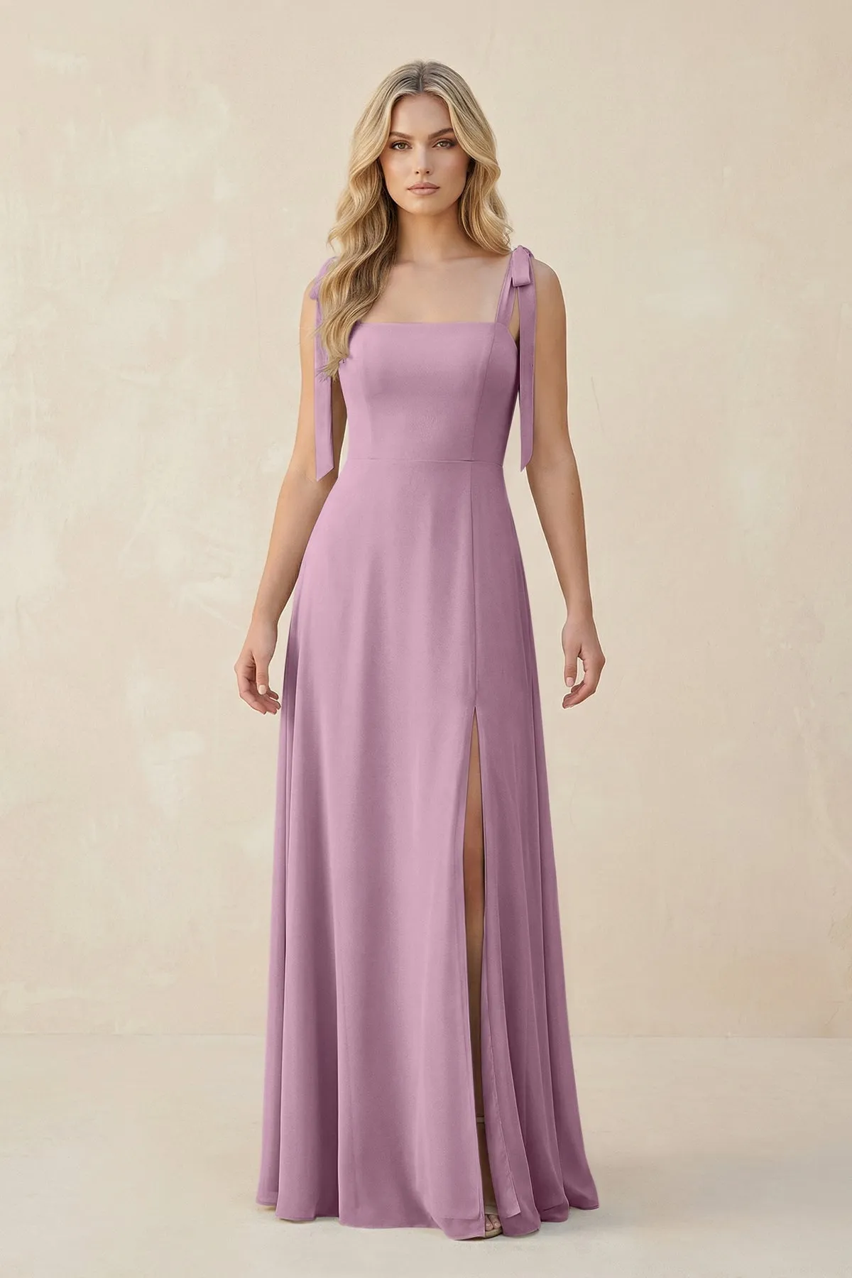Square Neck Chiffon A-Line Bridesmaid Dress With Bow in Wisteria sold by KissProm