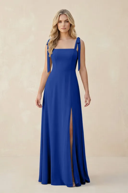 Square Neck Chiffon A-Line Bridesmaid Dress With Bow in Royal Blue made by KissProm