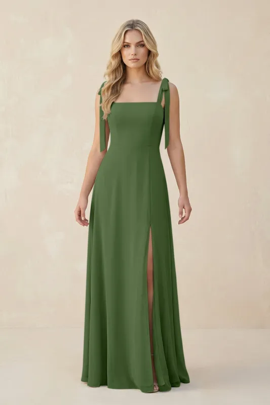 Square Neck Chiffon A-Line Bridesmaid Dress With Bow in Moss made by KissProm