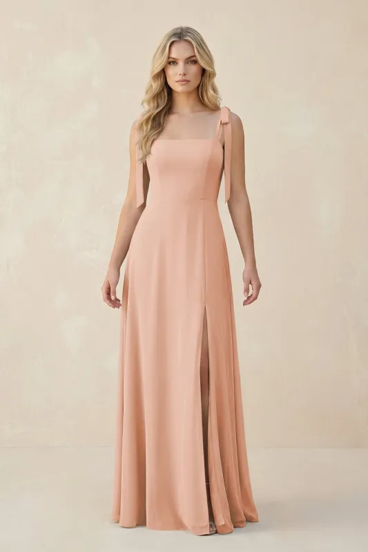 Square Neck Chiffon A-Line Bridesmaid Dress With Bow in English Rose made by KissProm