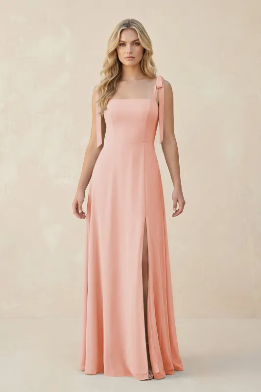 Square Neck Chiffon A-Line Bridesmaid Dress With Bow in Rose Petal made by KissProm
