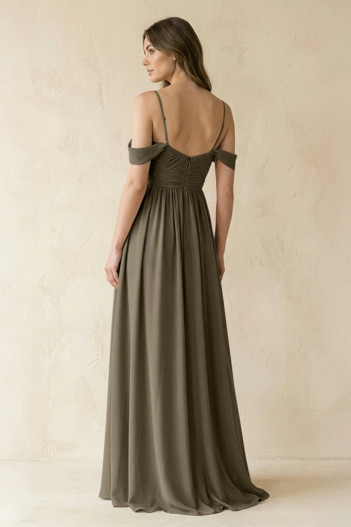 A-Line Off-the-Shoulder Pleated Chiffon Bridesmaid Dress in Willow Green sold by KissProm product image thumbnail 2
