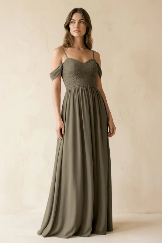 A-Line Off-the-Shoulder Pleated Chiffon Bridesmaid Dress in Willow Green made by KissProm