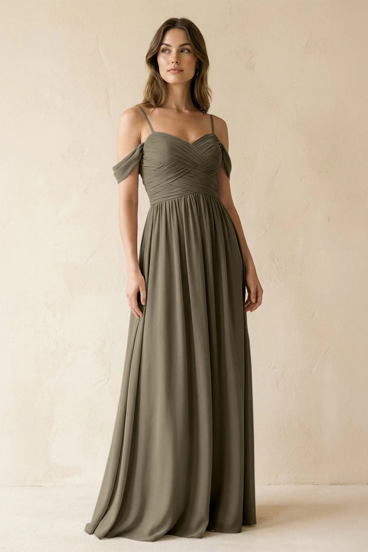 A-Line Off-the-Shoulder Pleated Chiffon Bridesmaid Dress in Willow Green sold by KissProm