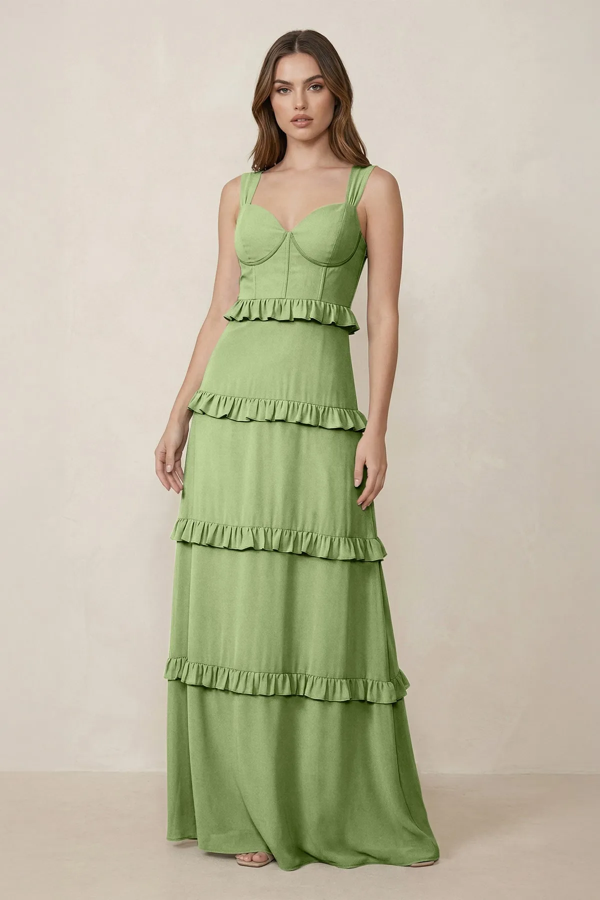Sweetheart Tiered A-Line Chiffon Bridesmaid Dress in Matcha sold by KissProm