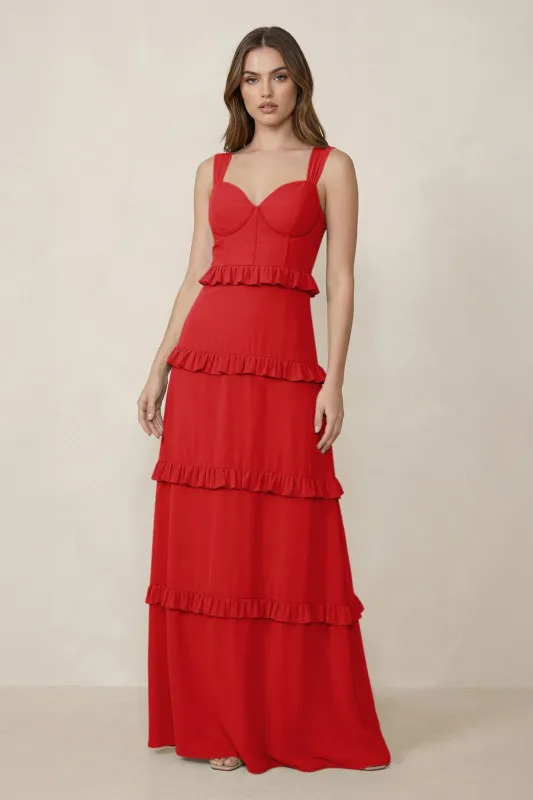 Sweetheart Tiered A-Line Chiffon Bridesmaid Dress in Ruby Red made by KissProm