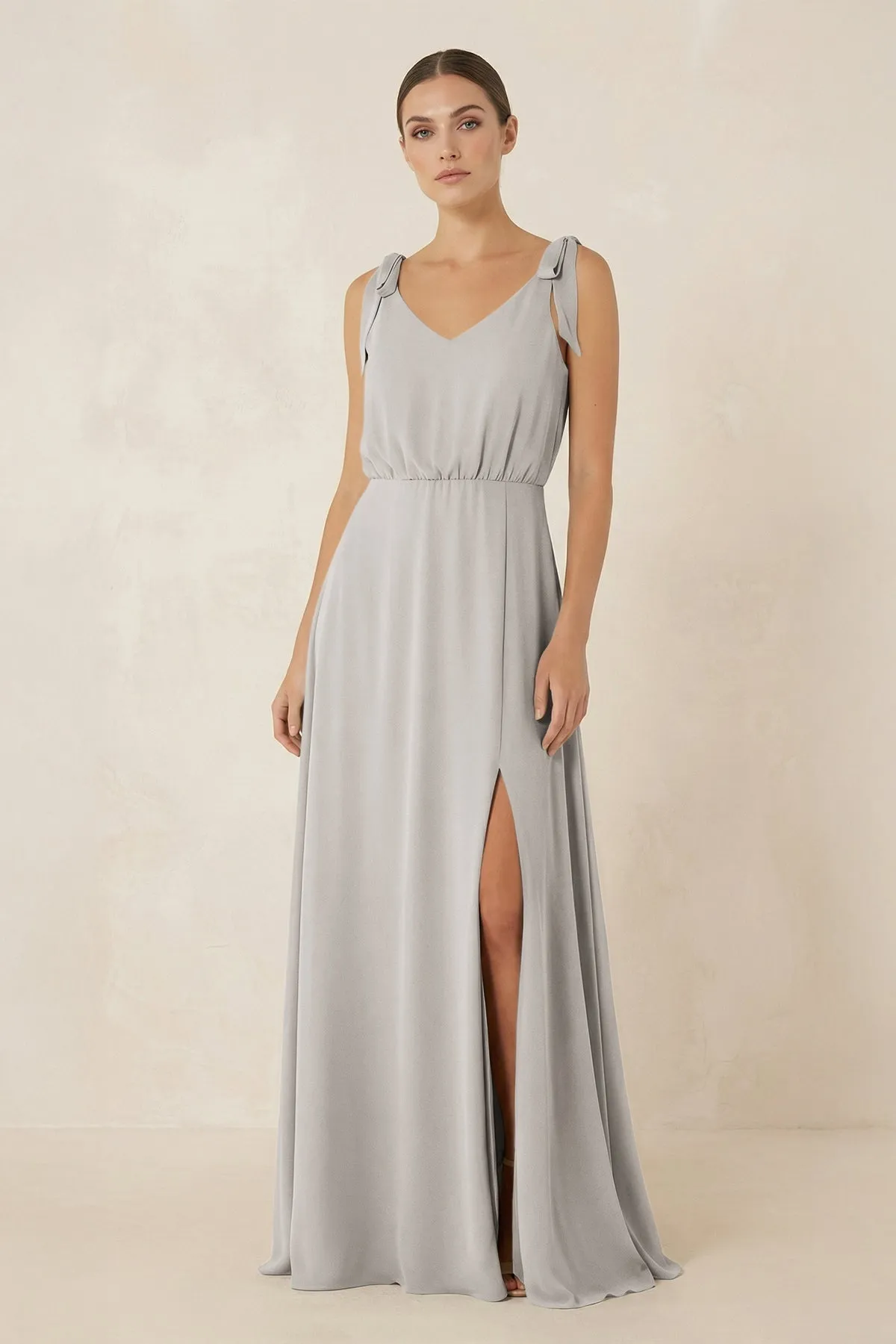 V-Neck A-Line Chiffon Bridesmaid Dress in Silver sold by KissProm