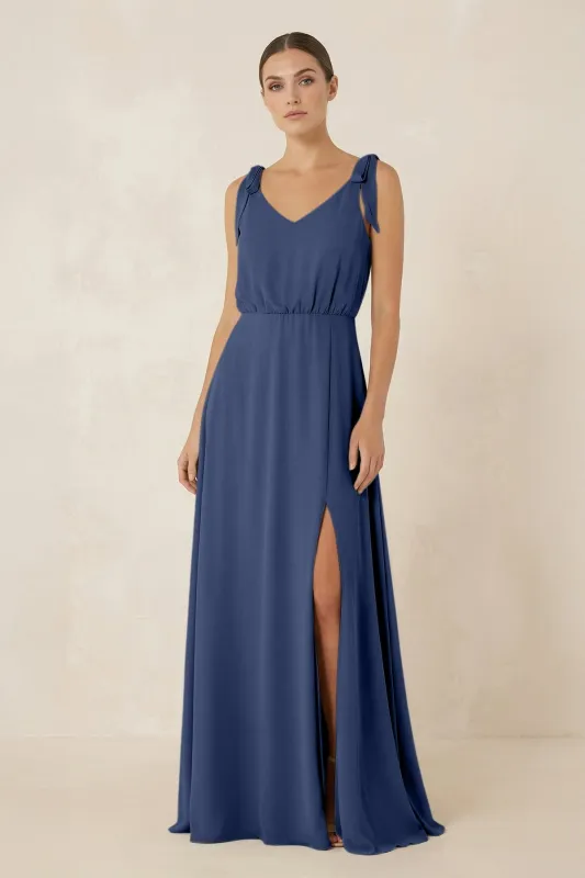 V-Neck A-Line Chiffon Bridesmaid Dress in Navy made by KissProm