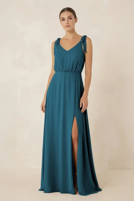 V-Neck A-Line Chiffon Bridesmaid Dress in Dark Teal made by KissProm