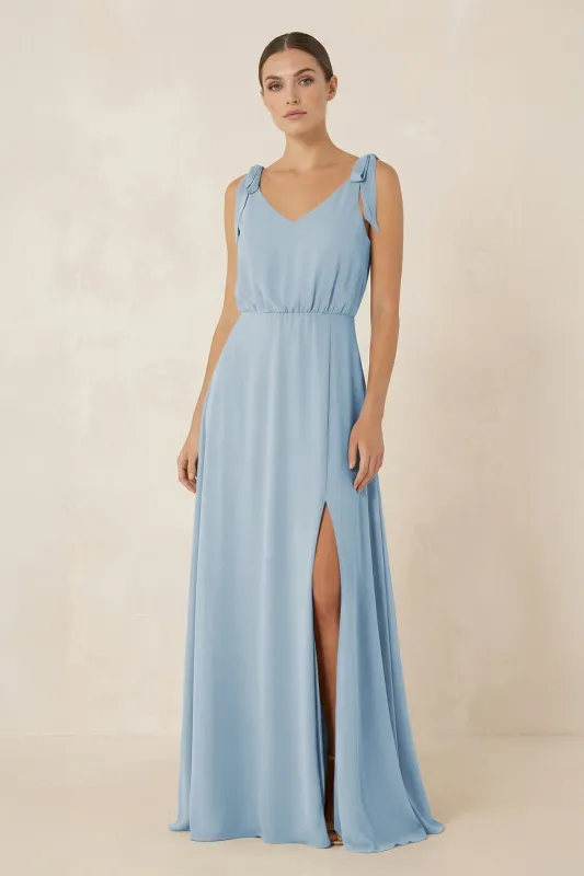 V-Neck A-Line Chiffon Bridesmaid Dress in Dusty Blue made by KissProm