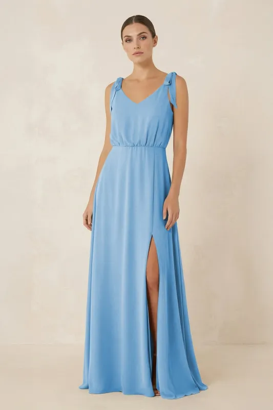 V-Neck A-Line Chiffon Bridesmaid Dress in Steel Blue made by KissProm