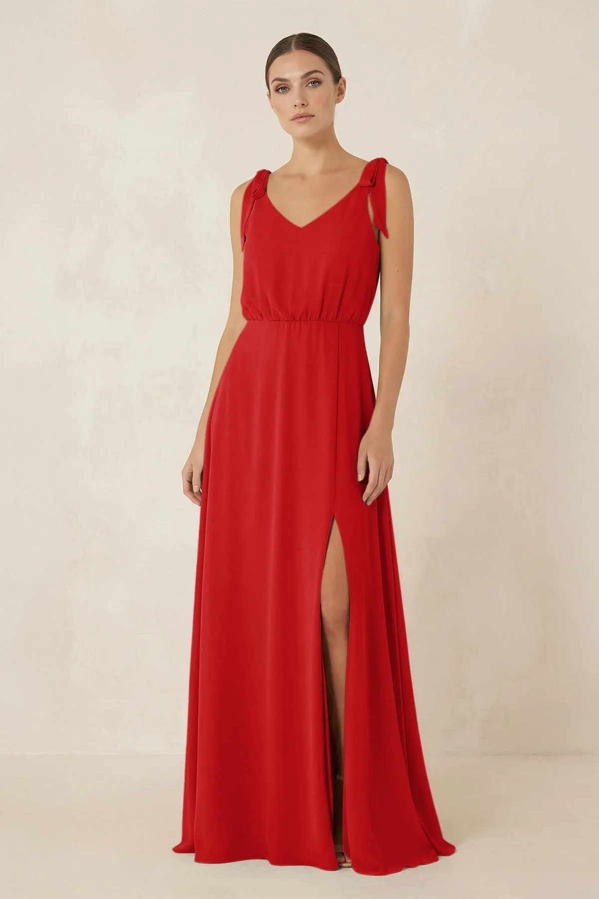 V-Neck A-Line Chiffon Bridesmaid Dress in Ruby Red sold by KissProm