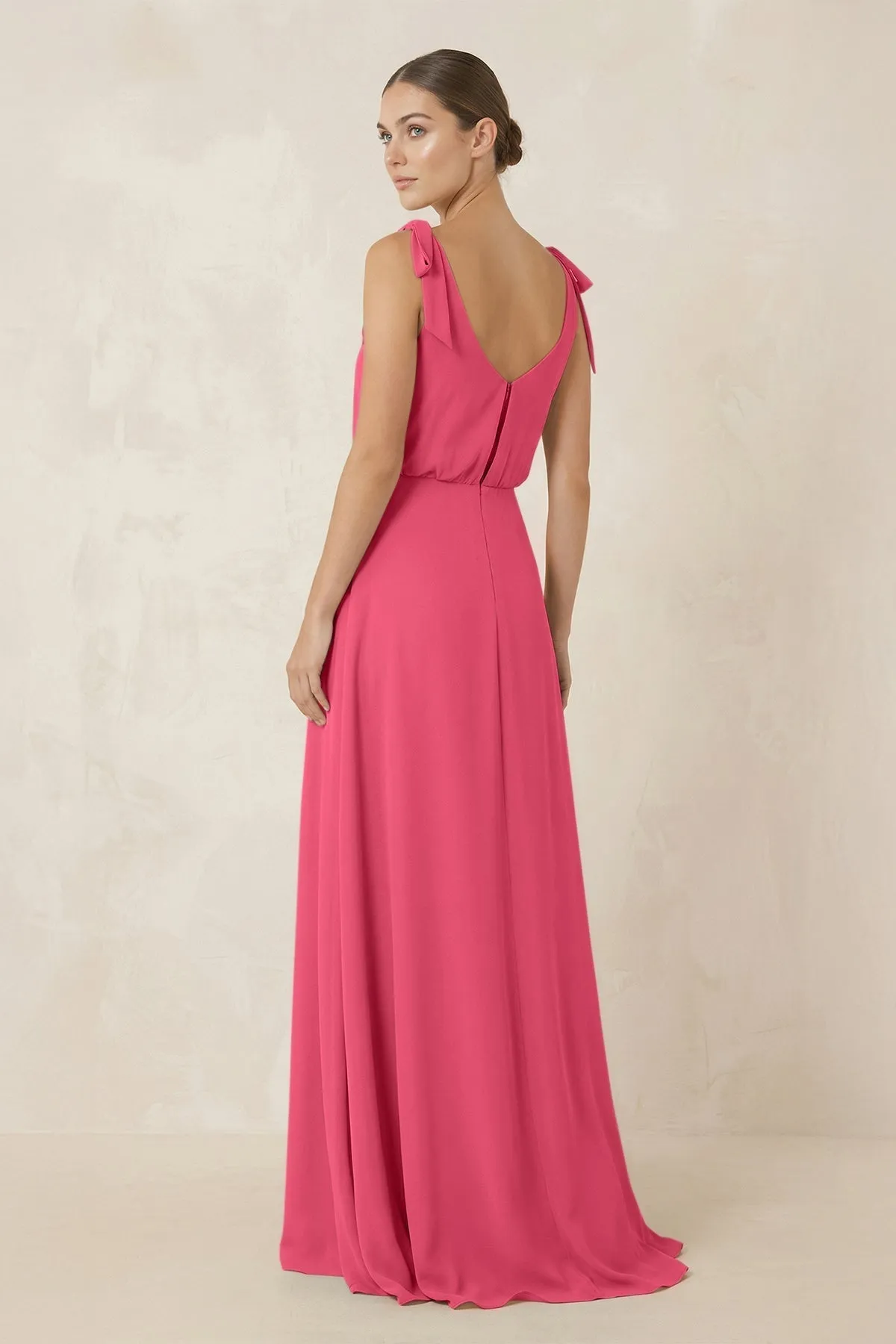 V-Neck A-Line Chiffon Bridesmaid Dress in Fuchsia sold by KissProm product image thumbnail 2