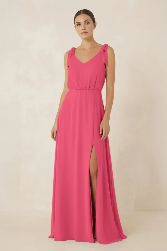 V-Neck A-Line Chiffon Bridesmaid Dress in Fuchsia made by KissProm