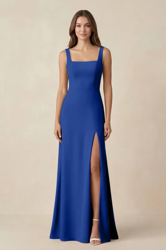 Square Neck A-Line Bridesmaid Dress With Slit in Royal Blue made by KissProm