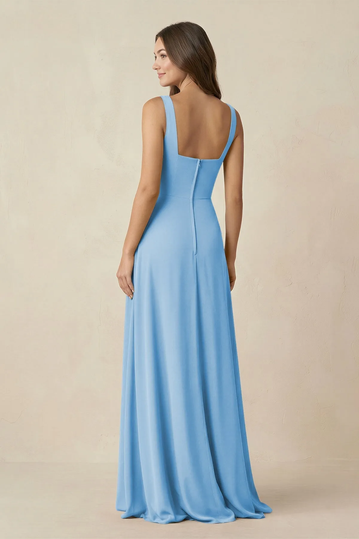 Square Neck A-Line Bridesmaid Dress With Slit in Steel Blue sold by KissProm product image thumbnail 2