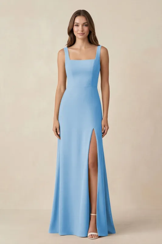 Square Neck A-Line Bridesmaid Dress With Slit in Steel Blue made by KissProm