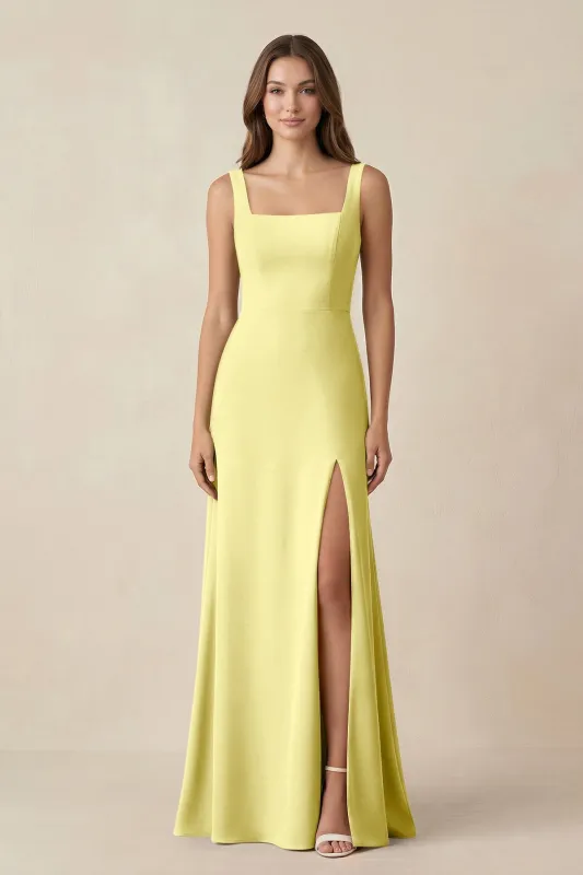 Square Neck A-Line Bridesmaid Dress With Slit in Buttercup made by KissProm