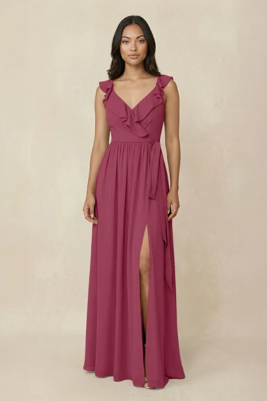 Ruffled V-Neck A-Line Chiffon Bridesmaid Dress in Desert Rose made by KissProm