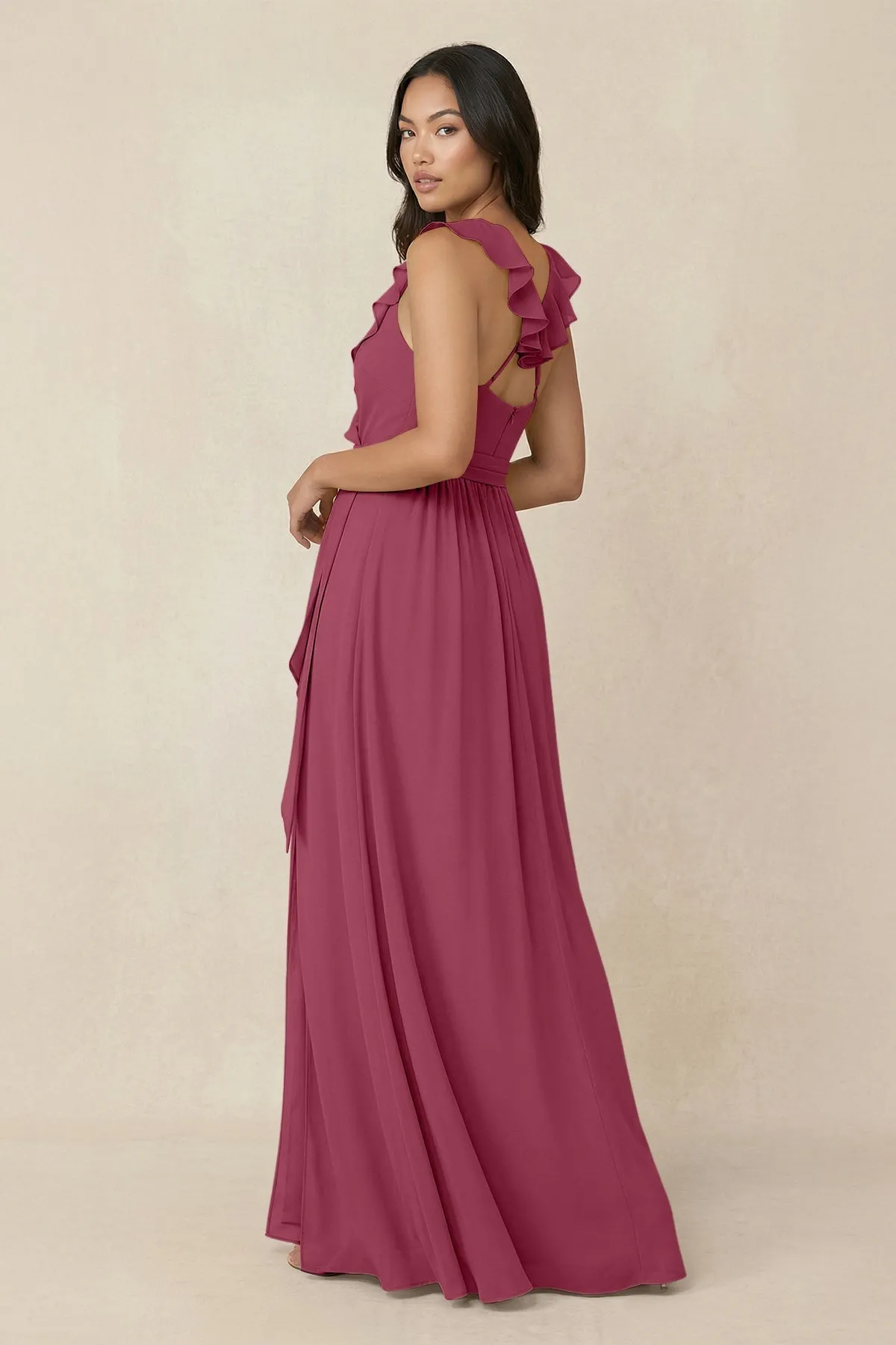 Ruffled V-Neck A-Line Chiffon Bridesmaid Dress in Desert Rose sold by KissProm product image thumbnail 2