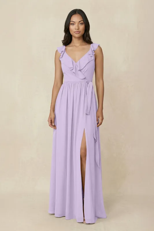 Ruffled V-Neck A-Line Chiffon Bridesmaid Dress in Lavender made by KissProm
