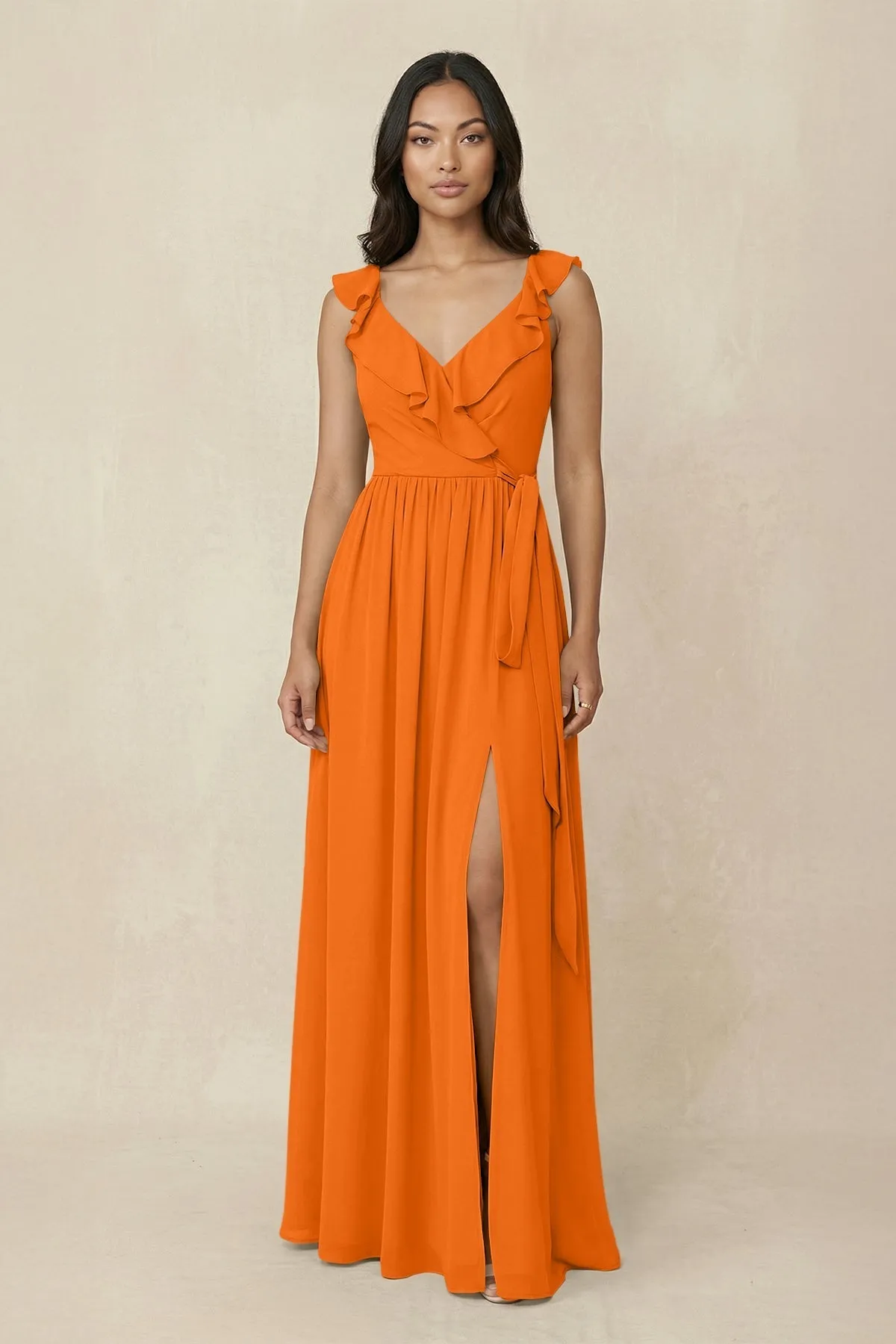 Ruffled V-Neck A-Line Chiffon Bridesmaid Dress in Cinnamon sold by KissProm
