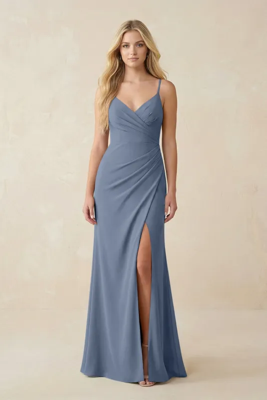 Ruched Sheath Spaghetti Strap Chiffon Bridesmaid Dress in Neptune made by KissProm