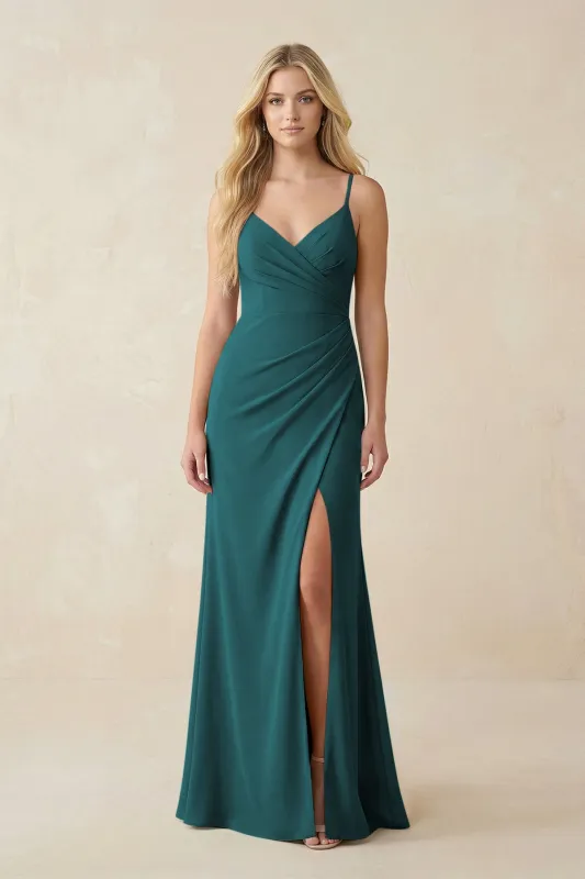 Ruched Sheath Spaghetti Strap Chiffon Bridesmaid Dress in Pine made by KissProm