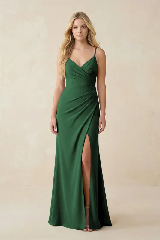 Ruched Sheath Spaghetti Strap Chiffon Bridesmaid Dress in Dark Green made by KissProm