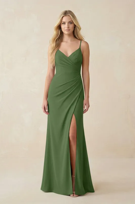 Ruched Sheath Spaghetti Strap Chiffon Bridesmaid Dress in Moss made by KissProm