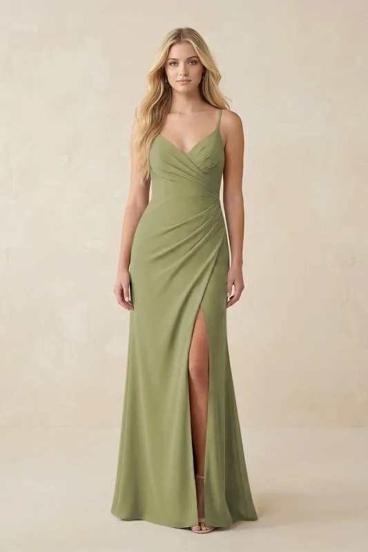 Ruched Sheath Spaghetti Strap Chiffon Bridesmaid Dress in Moss Green made by KissProm