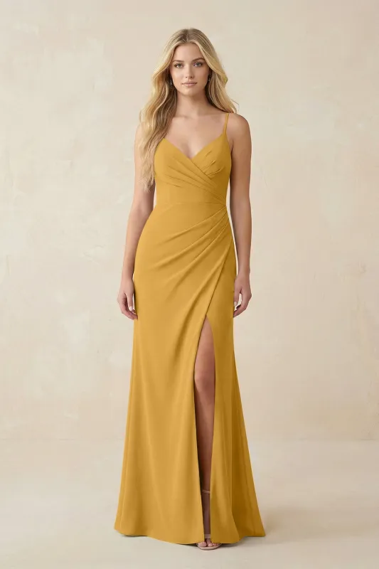 Ruched Sheath Spaghetti Strap Chiffon Bridesmaid Dress in Marigold made by KissProm